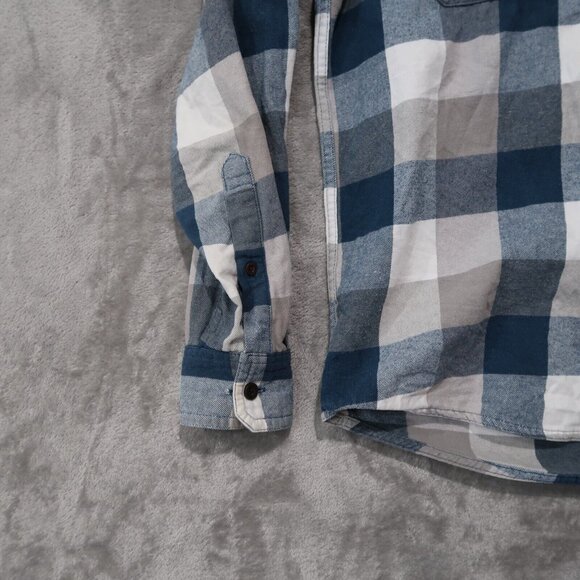 Red Head Shirt Mens M Blue Checks Flannel Button Up Collared Workwear Casual - Picture 8 of 16